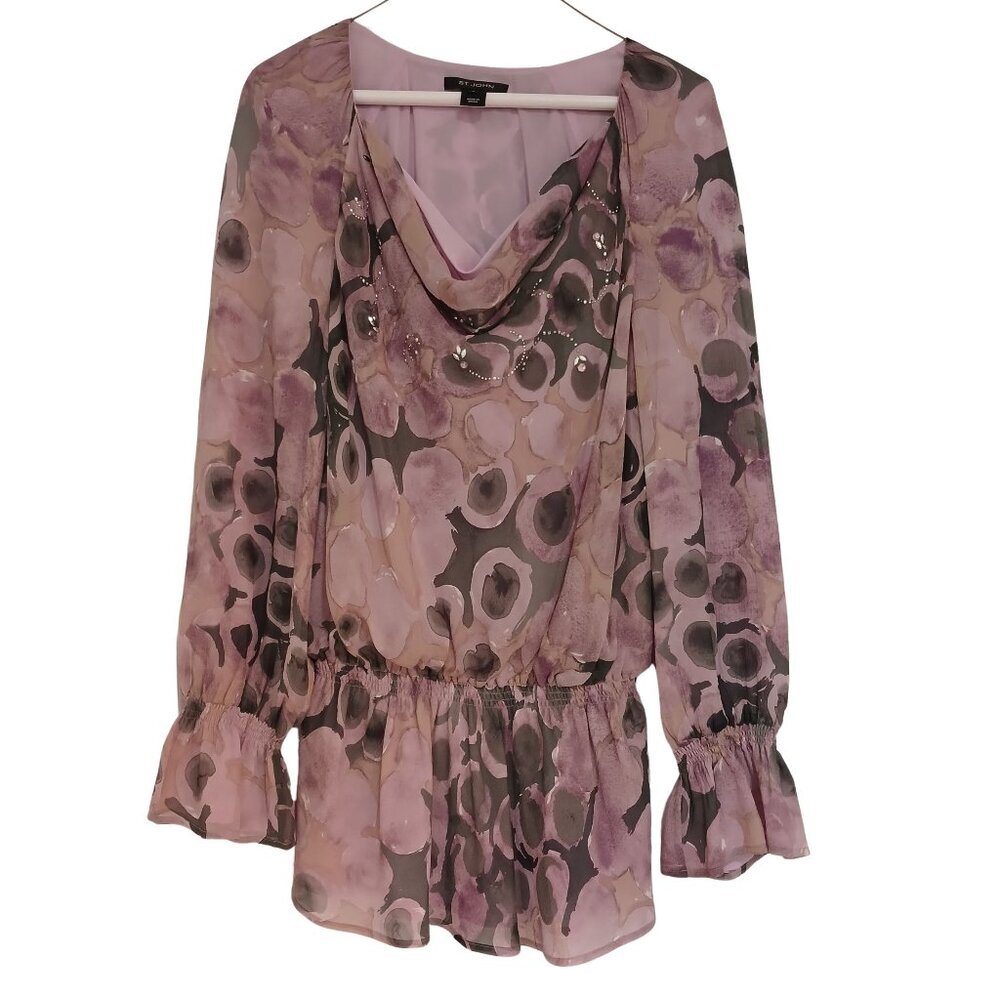 ST JOHN Silk Crepe Watercolor Mauve Circle Jeweled Rhinestone Blouse Top